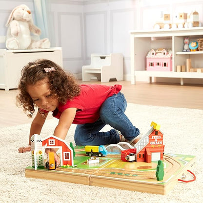 Melissa & Doug 17-Piece Wooden Take-Along Tabletop Farm, 4 Farm Vehicles, Play Pieces, Barn, Grain House Take-Along Pretend Play Toy Barn Toys For Toddlers Ages 1+