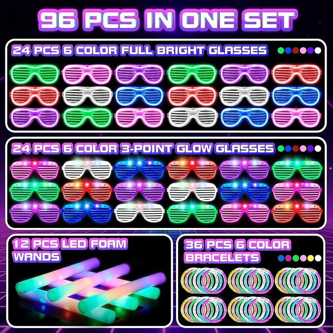96Pcs Glow in the Dark Party Supplies for Kids & Adults, Neon Light up Glasses, Foam Glow Sticks&LED Glow Bracelets, Ideal for Birthdays Halloween Weddings Carnival, and Rave Hora Loca Party favors