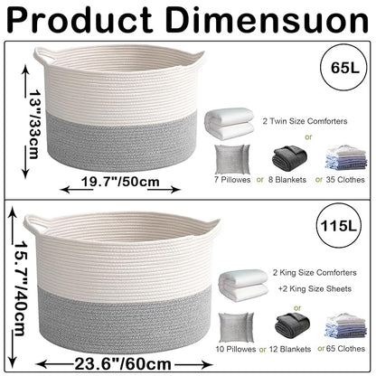 115L Extra Large Woven Cotton Rope Blanket Basket with Handles, Laundry Hamper Storage Bin for Pillows, Comforters,Clothes, Bedroom and Living Room Organization,White&Grey