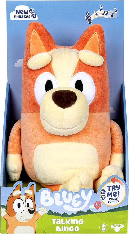 Bluey Sound Effects Talking Bingo Plush Toy, 13” Soft Bingo Toy, Interactive Stuffed Animal with 9 Different Phrases, Musical Toys for Kids