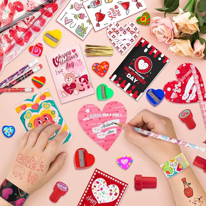 Valentine's Day Gifts for Kids, 240Pcs Classroom Exchange Stationery Set with Card,Pencil, Sharpener, Eraser, Notebook,Slap Bracelet, Stamp,Tattoo Sticker, Goodie Bag Stuffers for School Party Favors