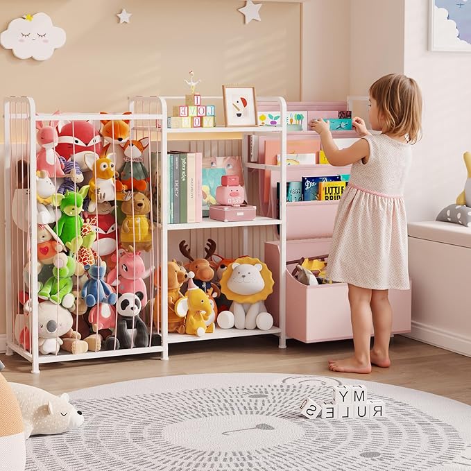 BBLIKE 3in1 Stuffed Animal Storage Organizer - Toy Storage with Kids Bookshelf & Large Plushies Holder for Kids Room - Multi-Functional Furniture for Nursery, Bedroom, and Playroom, Pink
