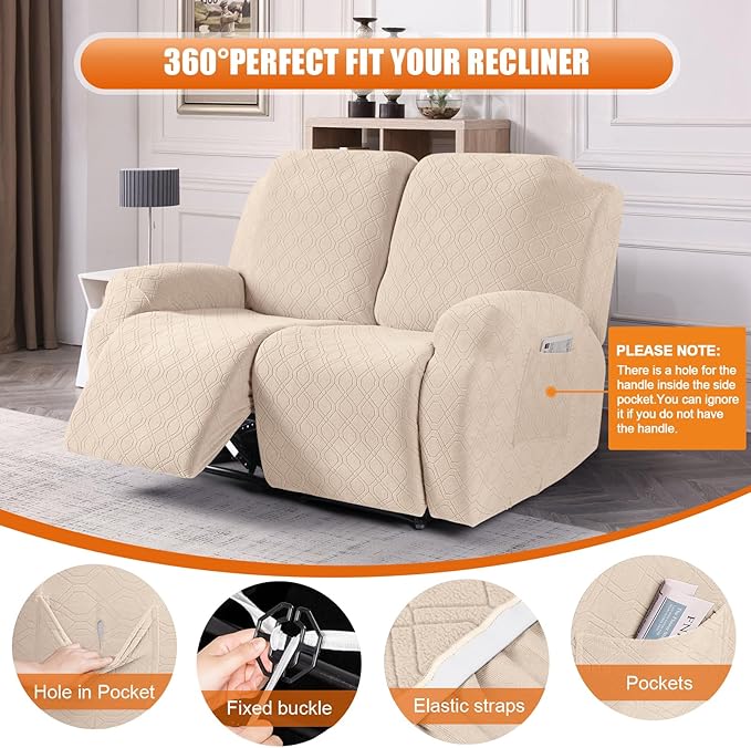 VANSOFY Recliner Cover, 2-Pieces Stretch Reclining Couch Cover with Pockets Loveseat Sofa Slipcovers Soft Washable Furniture Protector for Dogs Cats(Cream)