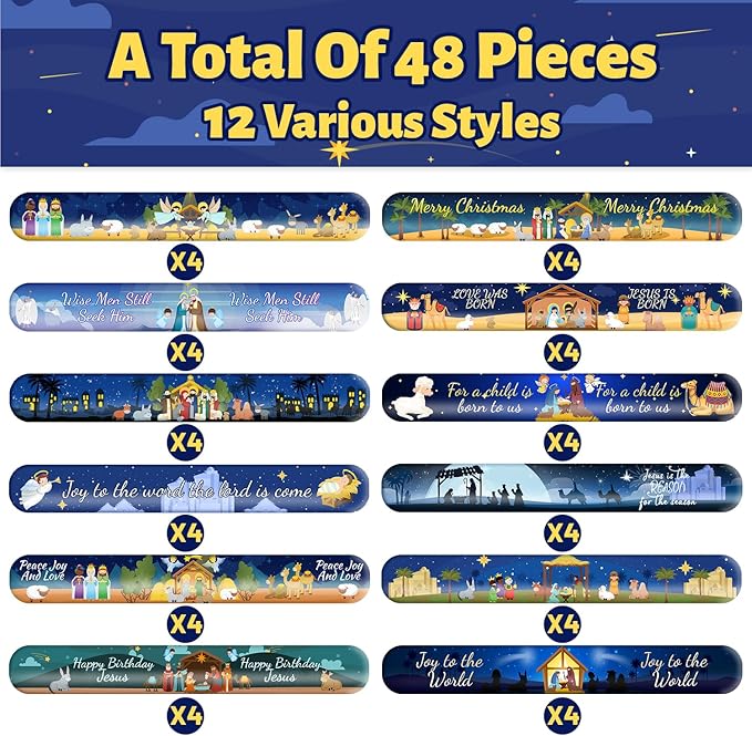 48 PCS Nativity Slap Bracelets, Religious Party Favors Slap Wristbands, Happy Birthday Jesus Slap Bracelets for Christmas Winter Holiday Party Religious Education Supplies