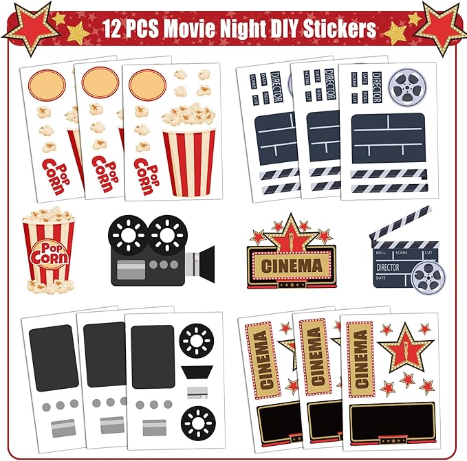Movie Night Party Favors 72 PCS Movie Theater Slap Bracelets Temporary Tattoos DIY Stickers Keychains Plastic Straws Gift Bags for Kids Movie Night Carzy Birthday Party Gift Baby Shower Goodie Bag Fillers Movie Party Supplies