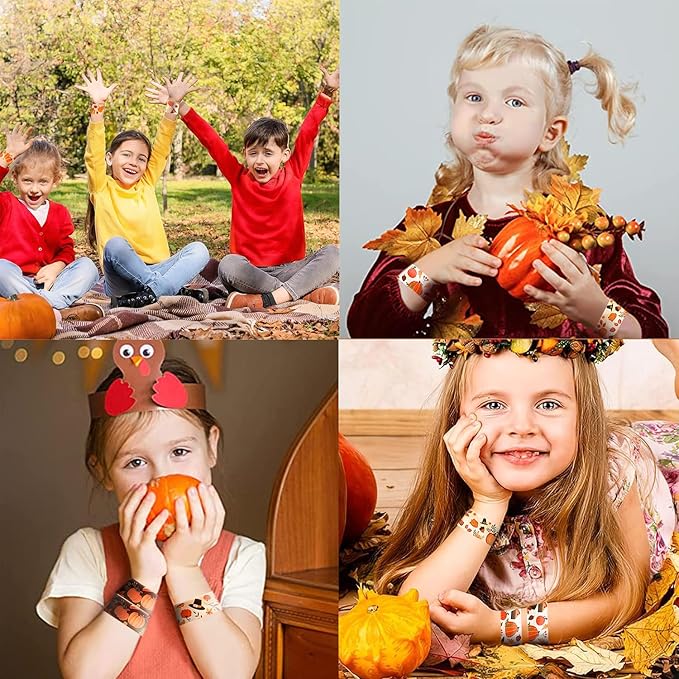 48Pcs Thanksgiving Slap Bracelets Thanksgiving Party Favors for Kids Thanksgiving Gifts for Kids Autumn Maple Leaf Turkey Pumpkin Slap Bracelets for Fall Party Favors Decorations Classroom Prizes
