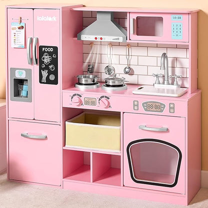 Play Kitchen Set for Toddlers, Wooden Toy Playset with Real Lights & Sounds, Double-Door Fridge, Ice Maker & Cookware Accessories, Pretend Play Kitchen Set for Kids, Gift for Ages 3+