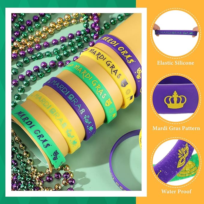 Yinkin 96 Pcs Mardi Gras Party Favors Rubber Bracelets Silicone Mardi Gras Bracelet Mardi Gras Accessories Bulk Stretchable Silicone Wristbands for Carnival Birthday Party Supply Decor Baby Shower