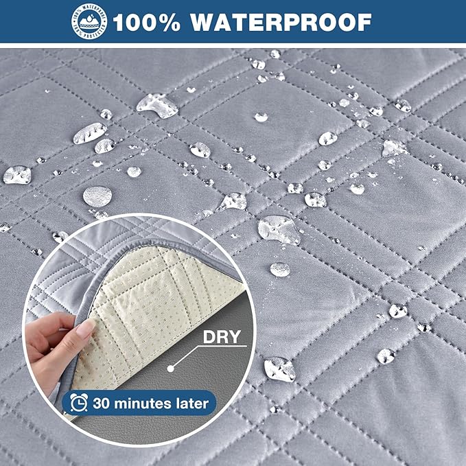 TAOCOCO 100% Waterproof Recliner Couch Cover, Non Slip Split Couch Covers for Reclining Couches with Elastic Straps, Washable Reclining Couch Covers Furniture Protector for Pets(3 Seater, Light Grey)