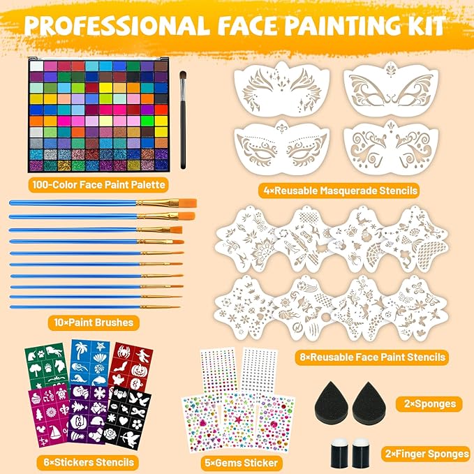 100 Colors Face Painting Kit, Non-Toxic Water Activated Face Paint Palette, Facepaint Makeup Kit with Brushes, Stencils, Gems, for Festivals, Halloween, Carnival, Birthday Parties