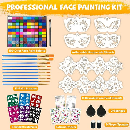 100 Colors Face Painting Kit, Non-Toxic Water Activated Face Paint Palette, Facepaint Makeup Kit with Brushes, Stencils, Gems, for Festivals, Halloween, Carnival, Birthday Parties