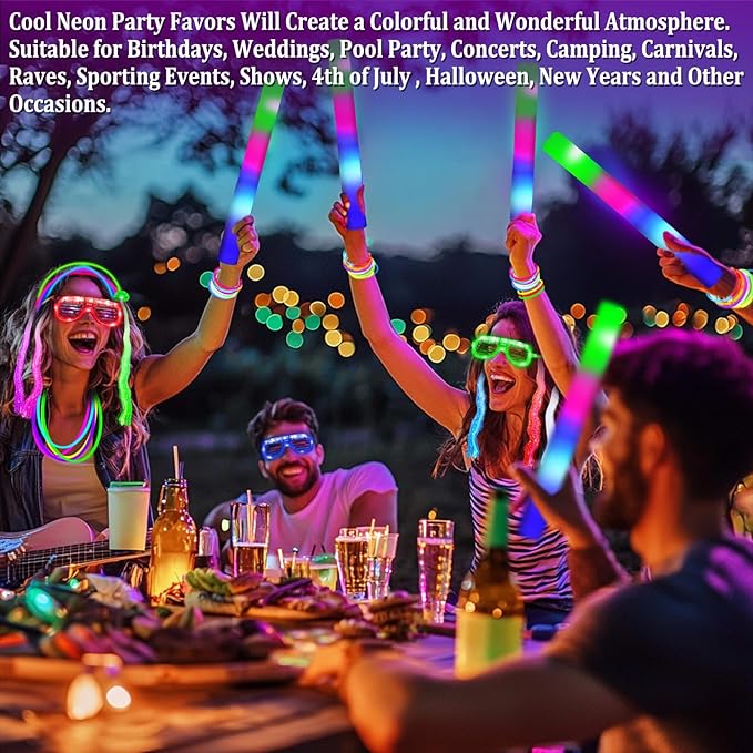 168 PCS Glow Party Supplies Light Up Party Favors with 16 Foam Glow Sticks, 16 LED　Glasses,120 Glow Sticks Bracelets and 16 LED Hair Clips Fiber Optic Neon Accessories for　Birthday, Wedding, Concert