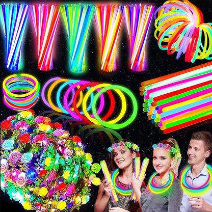 106 Pack New Years Eve Glow in the Dark Party Supplies-100 Glow Sticks Bulk Party Pack and 6 LED Flower Crowns Headbands Light Up Party Favors for Adult Kids New Years Birthday Party Accessories