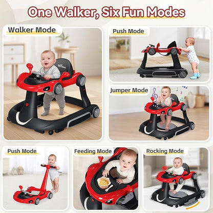 Baby Walker with Wheels, 7-in-1 Foldable Baby Walkers for Boys Girls 6-12 Months with Feeding Tray & Music, Lights,Rocker,Sun Canopy, Bouncing Pedal, Adjustable Wheel Speed, Push Walker (Red)