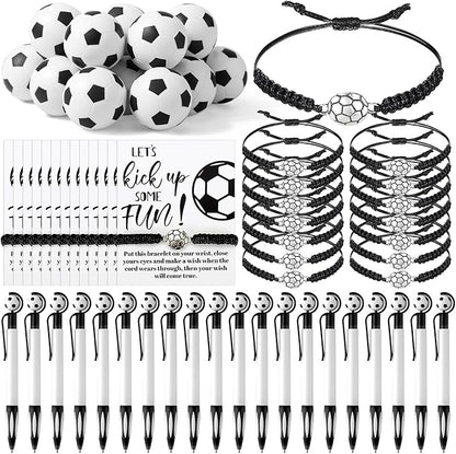 80 Pcs Soccer Team Gifts Set Bracelets Soccer Ball Ballpoint Pens Foam Stress Balls Kick Up Cards Adjustable Bracelets for Sports Reward Birthday Party Supplies