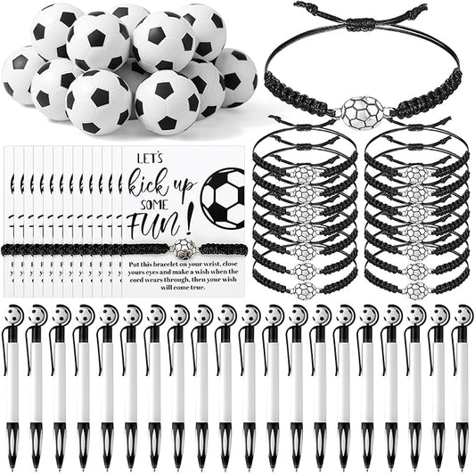 80 Pcs Soccer Team Gifts Set Bracelets Soccer Ball Ballpoint Pens Foam Stress Balls Kick Up Cards Adjustable Bracelets for Sports Reward Birthday Party Supplies