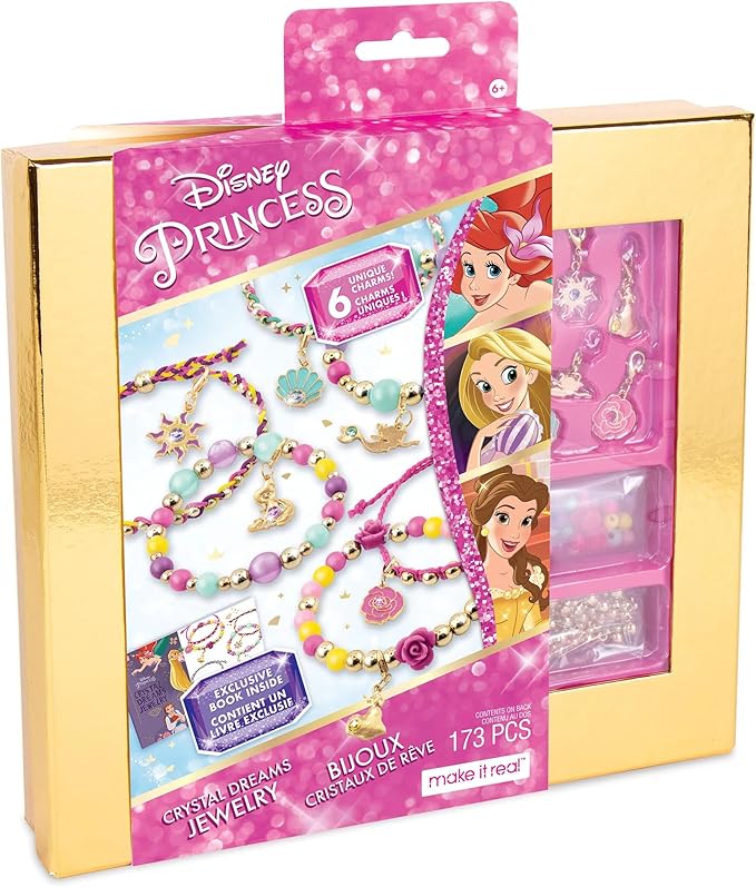 Make It Real Disney Princess Crystal Dreams Jewelry Kit - DIY Bead & Charm Bracelet Set with Swarovski Crystals, Includes Supplies & Exclusive Princess Book - Create 6 Bracelets, Ages 8