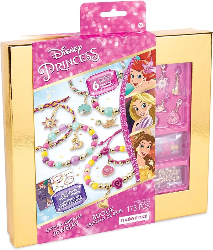 Make It Real Disney Princess Crystal Dreams Jewelry Kit - DIY Bead & Charm Bracelet Set with Swarovski Crystals, Includes Supplies & Exclusive Princess Book - Create 6 Bracelets, Ages 8