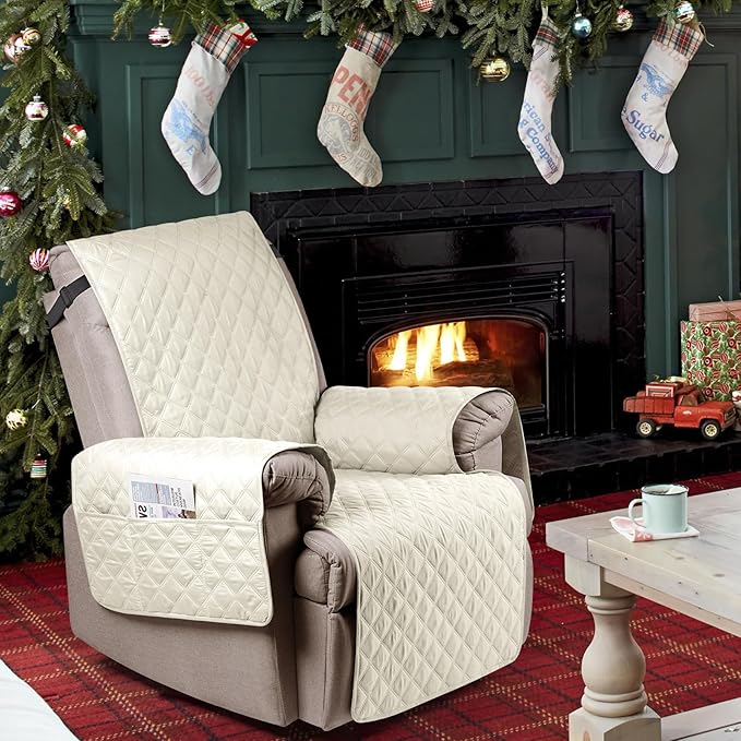 Ruaozz 100% Waterproof Recliner Chair Cover Non-Slip Reclining Cover for Recliner Chair Washable Chair Seat Cover with Elastic Straps for Kids, Dogs, Pets (Ivory, 23'')