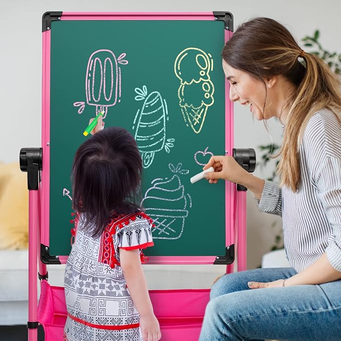 Kids Art Easel with 29.5inch-44inch Height Adjustable Whiteboard&Chalkboard Double Sided Easel 360°Rotating Art Easel for Kids Pink Over 3 Years Old