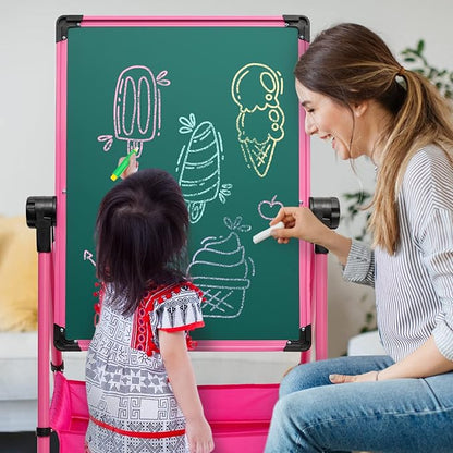 Kids Art Easel with 29.5inch-44inch Height Adjustable Whiteboard&Chalkboard Double Sided Easel 360°Rotating Art Easel for Kids Pink Over 3 Years Old