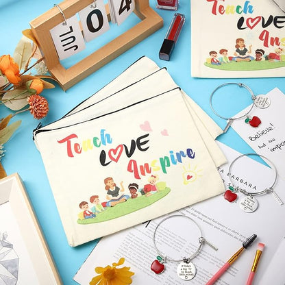 8 Pcs Teacher Appreciation Gift Set for Women, 4 Teacher Makeup Pouch Cosmetic Bags and 4 Bangle Bracelets, Christmas Valentines Thank You Gifts for Teacher (Teach Love Inspire)