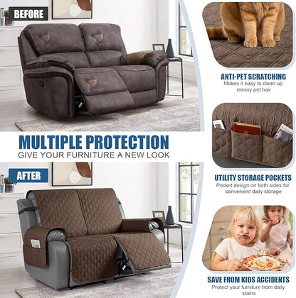 TAOCOCO 100% Waterproof Recliner Covers, Recliner Sofa Covers with Leg Straps, Reversible Recliner Couch Cover for Reclining Chair, Washable Couch Protector for Pets Kids(2 Seater, Brown)