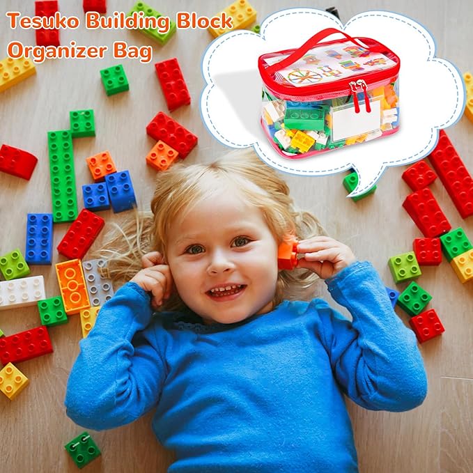 Tesuko 6 Pack Clear Toy Storage Bag with Name Tag& Manual Pocket, Waterproof Transparent PVC Toy Organizer Case for Lego Bricks, Board Games, Building Blocks, Puzzles (Large Capacity, Colorful)