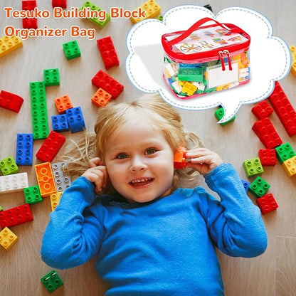 Tesuko 6 Pack Clear Toy Storage Bag with Name Tag& Manual Pocket, Waterproof Transparent PVC Toy Organizer Case for Lego Bricks, Board Games, Building Blocks, Puzzles (Large Capacity, Colorful)