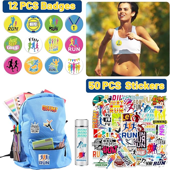 98 PCS Running Party Favors, Running Temporary Tattoos Badges Stickers Silicone Bracelets Keychains for Running Marathon Sport Birthday Party Decorations Supplies Gifts for Runners Kids Teens