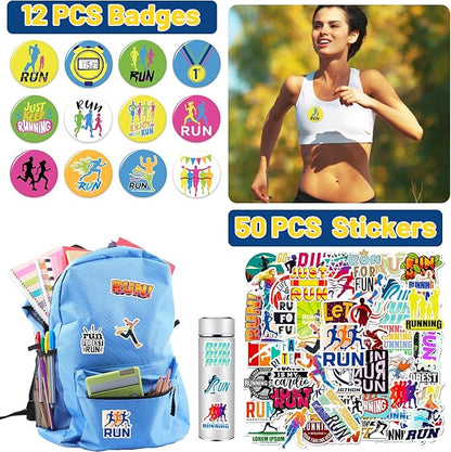 98 PCS Running Party Favors, Running Temporary Tattoos Badges Stickers Silicone Bracelets Keychains for Running Marathon Sport Birthday Party Decorations Supplies Gifts for Runners Kids Teens
