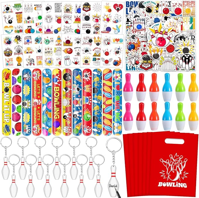 110 Pcs Bowling Party Favors, Bowling Party Favors Bags Temporary Tattoos Slap Bracelets Keychains Stickers Ballpoint Pen for Bowling Birthday Party Decorations Gifts for Kids Classroom Rewards