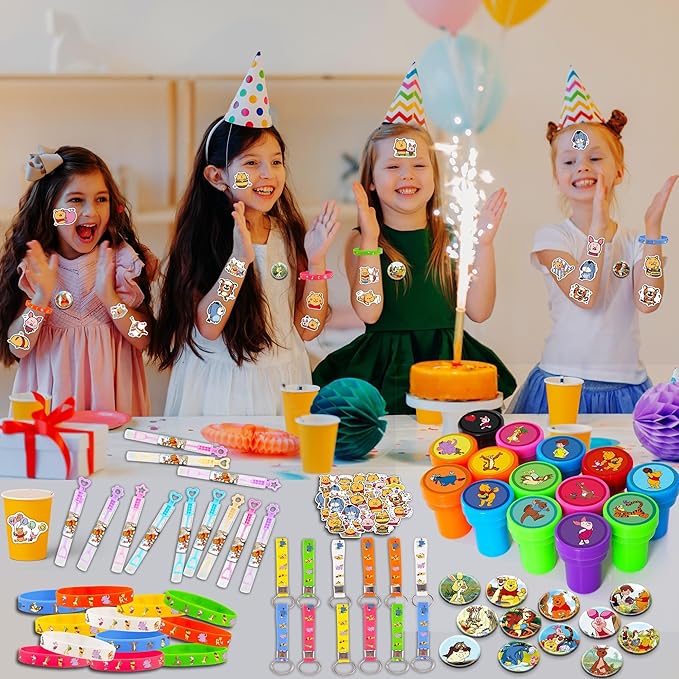 124PCS Bear Baby Shower Party Favor Supplies, Themed Birthday Decorations Including 12 Bracelets, 12 Keychains, 12 Button Pins, 50 Stickers, 14 Stampers, 12 Bubble Wands and Stickers, Yellow