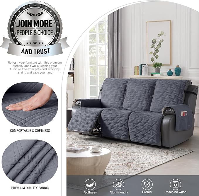 TAOCOCO Waterproof Recliner Sofa Cover Couch Cover for Reclining Couch 3 Seat Non-Slip Split Sofa Slipcover 3-Pieces with Straps, Washable Reclining Sofa Cover for Kids Pets(3 Seater, Dark Grey)