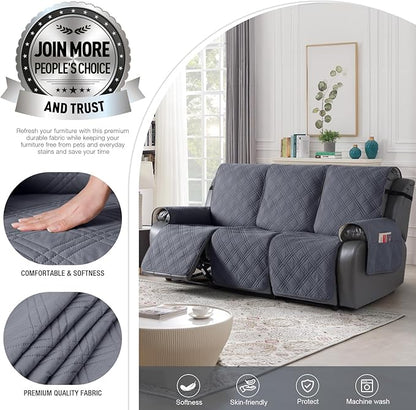 TAOCOCO Waterproof Recliner Sofa Cover Couch Cover for Reclining Couch 3 Seat Non-Slip Split Sofa Slipcover 3-Pieces with Straps, Washable Reclining Sofa Cover for Kids Pets(3 Seater, Dark Grey)