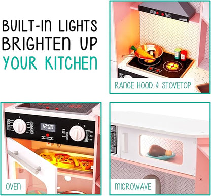 Lil' Jumbl Kids Corner Kitchen Set, Pretend Wooden Deluxe Play Kitchen, Battery Operated Icemaker, Stovetop & Faucet with Realistic Sound - Pink