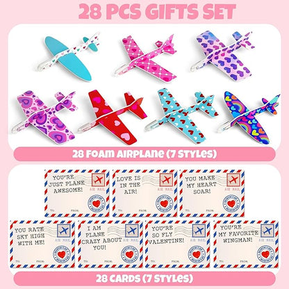 Valentines Day Cards for Kids - 28 Pack Airplane Valentines Day Cards for Kids with Foam Airplanes, Valentines Gifts, Perfect School and Classroom Valentines Day Exchange Gifts