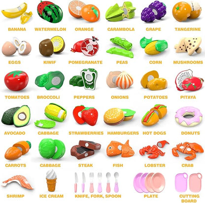 94 Pcs Cutting Play Food Set for Kid Kitchen (45 Items), Pretend Play Food with Shopping Basket, Fake Food Accessories with Fruit Vegetable Toy for Toddler, Educational Gift for Little Girl Birthday
