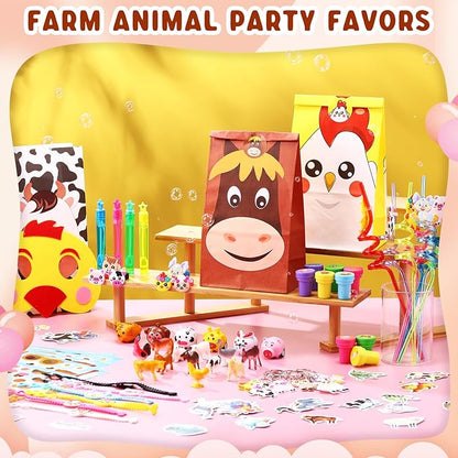182 Pcs Farm Animals Party Favors Set Animal Models Keychains Straws Bracelets Stickers Masks Farm Paper Bags Toy Cars Gifts for Birthday Party Goody Bag Stuffer