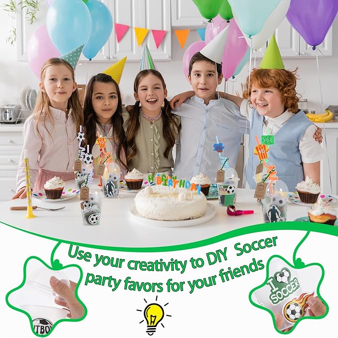 LiYiQ 158 Pcs Soccer Party Favors Soccer Party Supplies with Cup Straw Stress Ball Keychain Sticker Slaps Bracelets Whistle Thank You Tags for Soccer Birthday Decorations (Soccer)