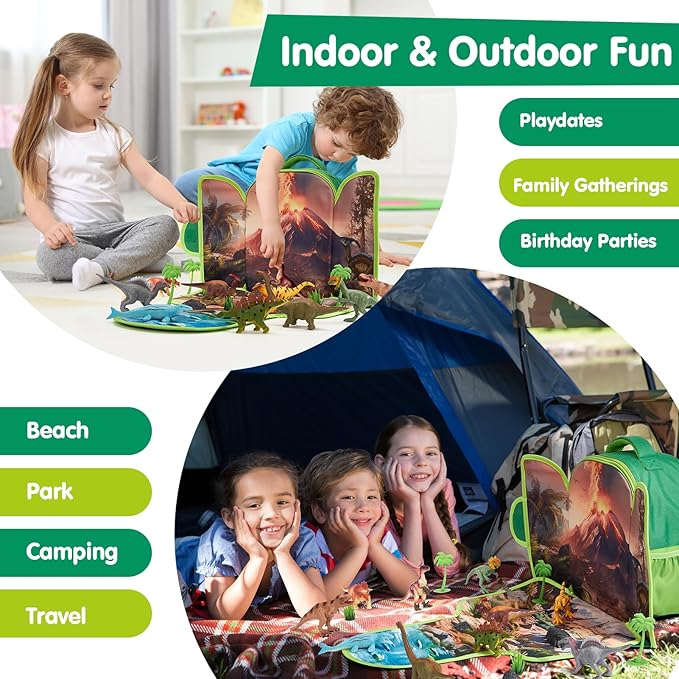 COCO&Friends Dinosaur Toys for Kids 3-5 - Portable Dinosaur Backpack Play Set with Foldable 3D Mat, Pretend Play Toy for 4 Year Old Boy Birthday Gift - Travel Outdoor Beach Toys for Kids Ages 4-8