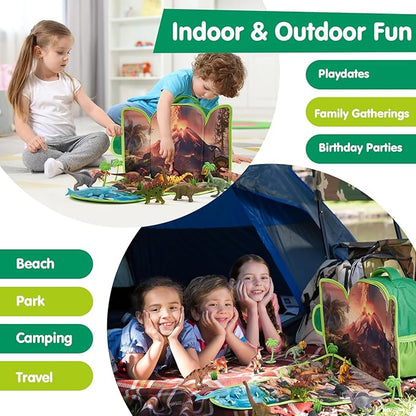 COCO&Friends Dinosaur Toys for Kids 3-5 - Portable Dinosaur Backpack Play Set with Foldable 3D Mat, Pretend Play Toy for 4 Year Old Boy Birthday Gift - Travel Outdoor Beach Toys for Kids Ages 4-8