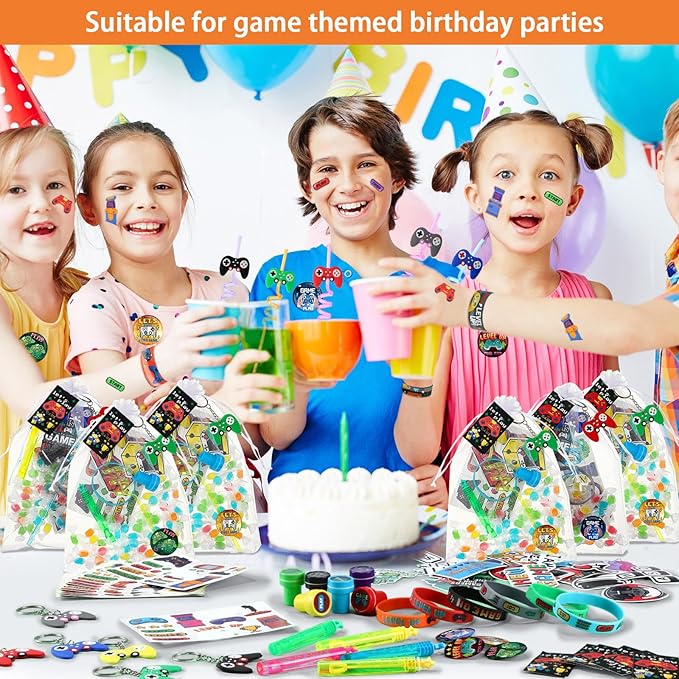 HyDren 194 Pcs Video Game Party Favors Set Include Gift Bags Reusable Straws Bubble Wands Bracelet Keychain Badge Stamps Tattoo Stickers Gift Tags for Kids Birthday Party Supplies
