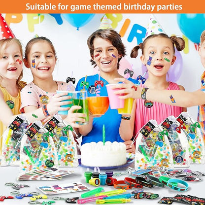 HyDren 194 Pcs Video Game Party Favors Set Include Gift Bags Reusable Straws Bubble Wands Bracelet Keychain Badge Stamps Tattoo Stickers Gift Tags for Kids Birthday Party Supplies