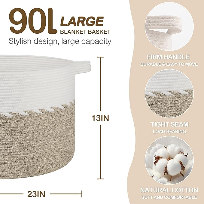 OIAHOMY 90L Blanket Basket for Living Room, Large Basket 23" x 23" x 13" with Handle, Laundry Hamper for Blankets, Pillows, Toy Storage for Kids, Dogs - Light Brown & White
