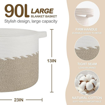 OIAHOMY 90L Blanket Basket for Living Room, Large Basket 23" x 23" x 13" with Handle, Laundry Hamper for Blankets, Pillows, Toy Storage for Kids, Dogs - Light Brown & White
