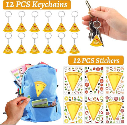 60 Pcs Pizza Party Favors Set Temporary Tattoos, Slap Bracelets, Keychains, Badges and Stickers for Pizza Themed Birthday Parties