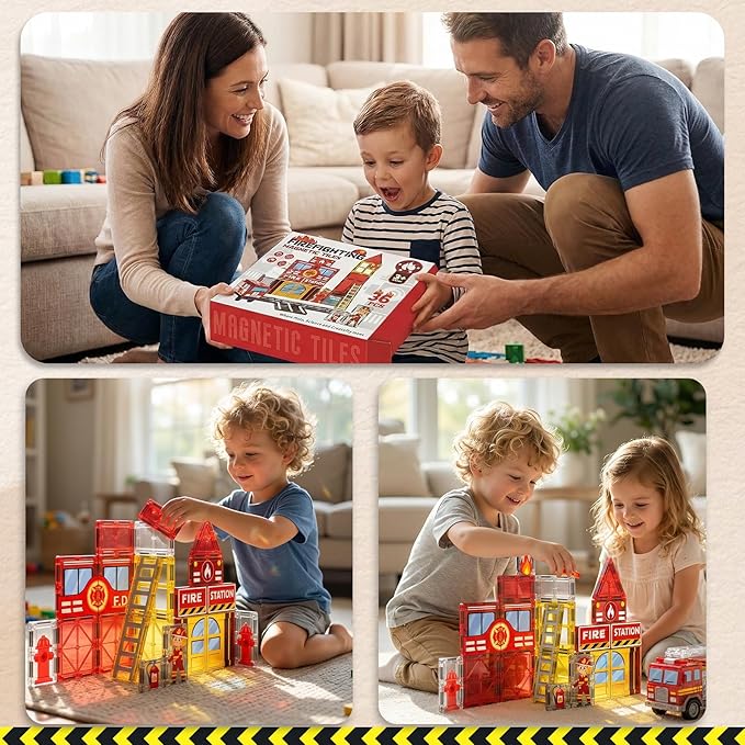 Fire Station Magnetic Tiles for Kids, Building Toys for Kids Ages 4-8 with Fire Truck, Firemen, Road Magnet Tiles. STEM Magnetic Blocks for Kids Ages 4-8, Building Toys for 4+ Year Old Boys Gifts