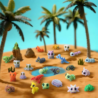 25PC Mini 3D Printed Animals Set with Shining Eyes - Articulated Desk Pets Collection, Mini Animals Figures for Classroom Rewards Bulk, Pocket Pets Fidget Toys Gift