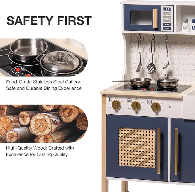 ROBUD Play Kitchen, Wooden Kids Kitchen Playset with Sounds & Lights, Pretend Play Kitchen Set for Toddlers, Gift for Boys & Girls, Vintage Style, 3+ (Gem Blue)